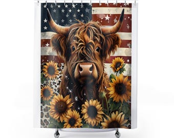 Highland cow with sunflowers and flag Shower Curtains
