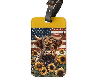 Highland Cow with Sunflowers and Flag Luggage Tag