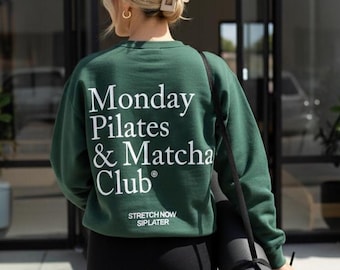 Sudadera del Club de Pilates y Matcha de los Lunes, estética de chica limpia, cuello redondo estilo Old Money, regalo para amantes del yoga y el matcha
