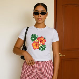 Tropical Hibiscus and Plumeria T-Shirt – White Summer Floral Tee – Hawaiian Flower Graphic Shirt for Women