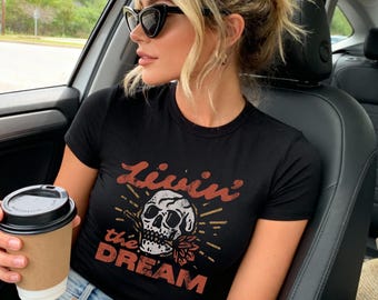 Camiseta de calavera Livin' the Dream, camiseta de bebé con efecto grunge desgastado