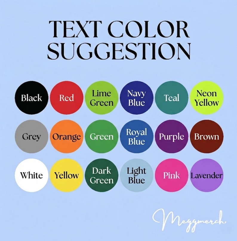 Puede incluir: Un gr&aacute;fico azul claro con el texto "TEXT COLOR SUGGESTION" y una serie de muestras de color. Los colores incluyen negro, rojo, verde lima, azul marino, verde azulado, amarillo ne&oacute;n, gris, naranja, verde, azul real, morado, marr&oacute;n, blanco, amarillo, verde oscuro, azul claro, rosa y lavanda.