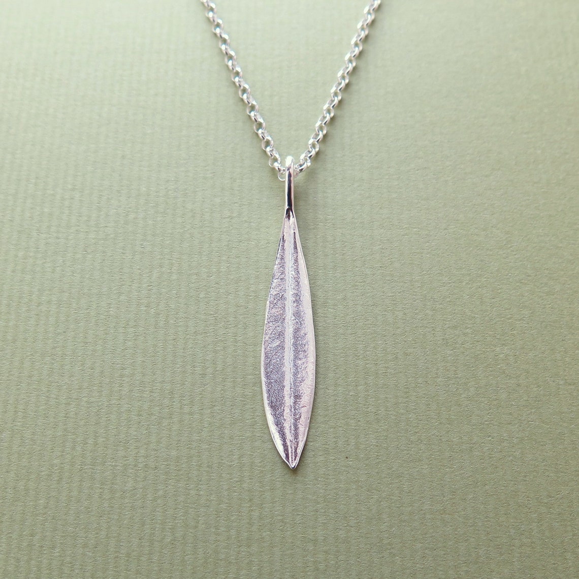 Olive Leaf Pendant With Long Chain Necklace Pure Silver Real Etsy