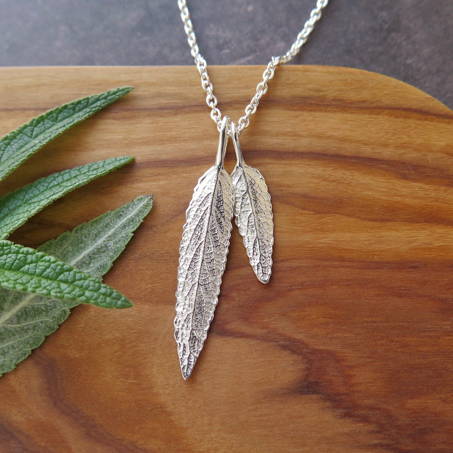 Sage Leaf Jewelry Pure Silver, Real Double Leaf Pendant, Sterling