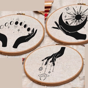 3 Pattern Bundle - Magical Lunar Hands 6 inch Hand Embroidery Pattern Digital PDF Design Download