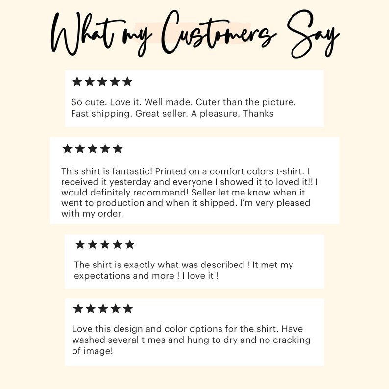 May include: Image featuring customer reviews with a five-star rating system. The text reads "What my Customers Say" in elegant script. Reviews praise the product's quality, fast shipping, and accurate descriptions.