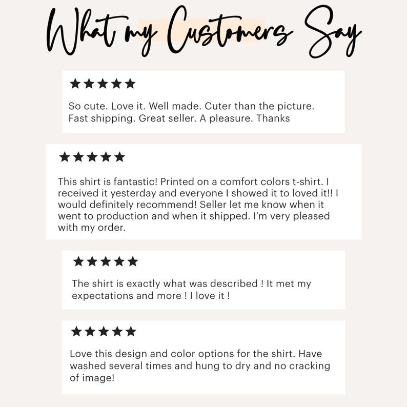 May include: A cream-colored graphic with the text "What my Customers Say" in a handwritten font. Below, customer reviews are displayed, each with a five-star rating and positive comments about a shirt.
