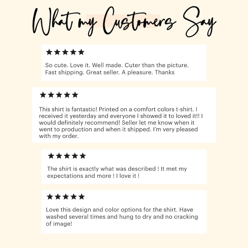 May include: Image featuring customer reviews with a five-star rating system. The text reads "What my Customers Say" in elegant script. Reviews praise the product's quality, fast shipping, and accurate descriptions.