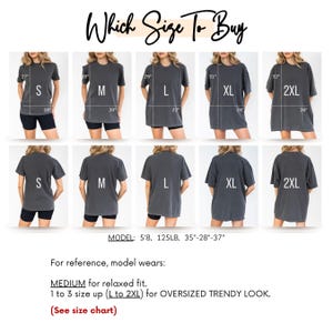 May include: A t-shirt size guide showing sizes S to 2XL, with measurements in inches. The text "Which Size To Buy" is at the top. The model is 172cm tall, weighs 56.7kg, with measurements of 89cm-71cm-94cm. The guide suggests sizing up for an oversized look.