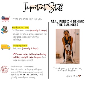 May include: The image features text that reads "Important Stuff" in a handwritten font. Additional text includes "Prints and ships from the USA," and a satisfaction guarantee. A photo shows a woman with a dog.