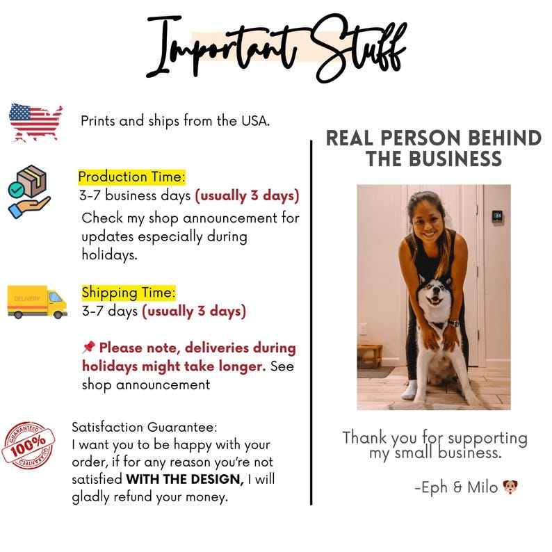May include: The image features text that reads "Important Stuff" in a handwritten font. Additional text includes "Prints and ships from the USA," and a satisfaction guarantee. A photo shows a woman with a dog.