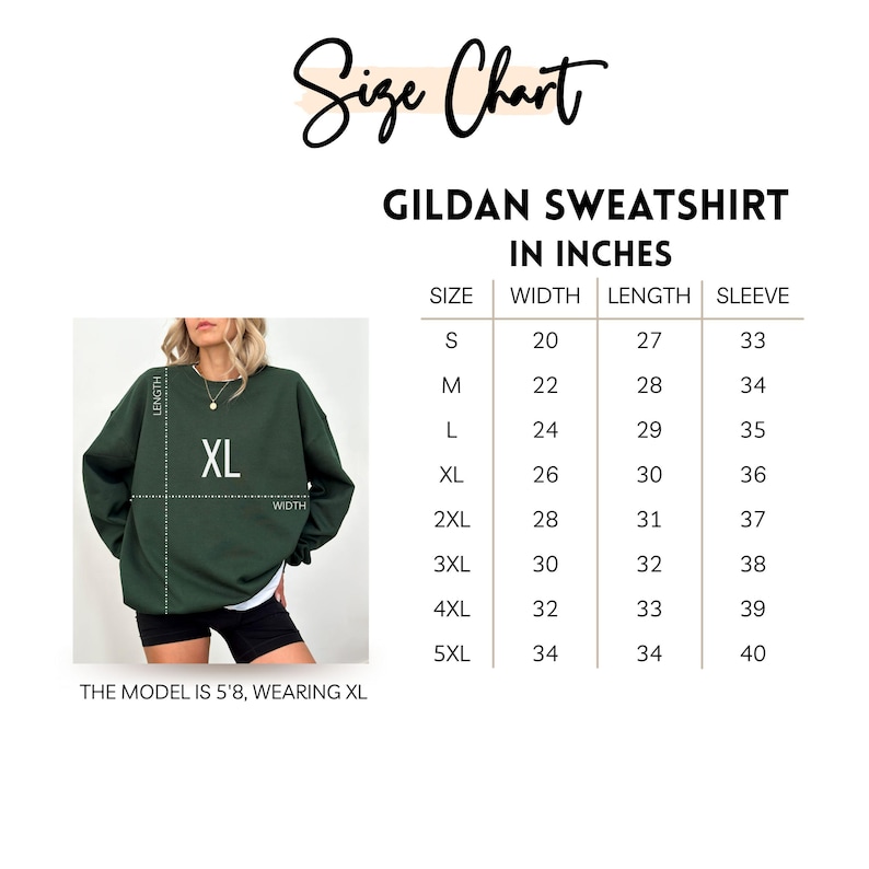 K&ouml;nnte beinhalten: Gr&ouml;&szlig;entabelle f&uuml;r ein Gildan-Sweatshirt, mit Ma&szlig;en in Zoll. Die Tabelle enth&auml;lt die Gr&ouml;&szlig;en S bis 5XL und gibt Breite, L&auml;nge und &Auml;rmelma&szlig;e an. Ein Model, das ein XL-Sweatshirt tr&auml;gt, ist ebenfalls abgebildet.