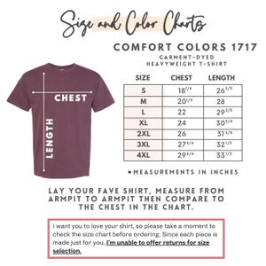 May include: A maroon Comfort Colors 1717 heavyweight t-shirt with a size and color chart. The chart provides chest and length measurements in inches for sizes S to 4XL. Instructions are included to measure a favorite shirt for comparison.