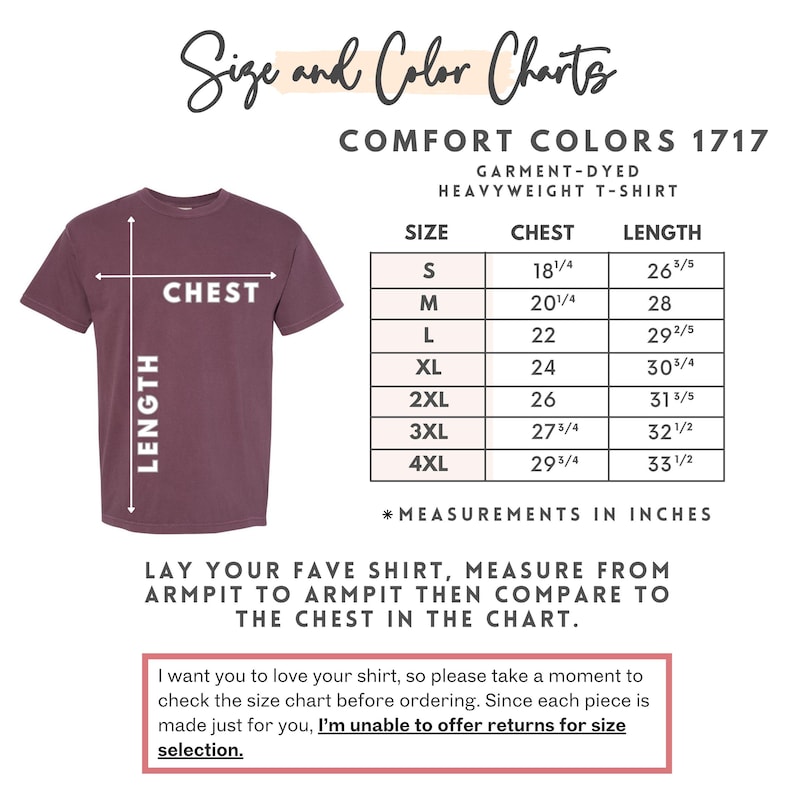 May include: A maroon Comfort Colors 1717 heavyweight t-shirt with a size and color chart. The chart provides chest and length measurements in inches for sizes S to 4XL. Instructions are included to measure a favorite shirt for comparison.