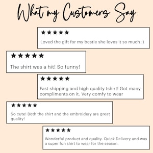 May include: Image featuring customer reviews with five-star ratings. Text includes phrases like "Loved the gift," "The shirt was a hit," and "Fast shipping." The reviews highlight shirt quality and embroidery, with comments on comfort and delivery.