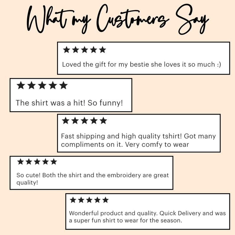 May include: Image featuring customer reviews with five-star ratings. Text includes phrases like "Loved the gift," "The shirt was a hit," and "Fast shipping." The reviews highlight shirt quality and embroidery, with comments on comfort and delivery.
