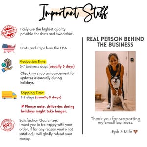 May include: An image with the text "Important Stuff" in a handwritten font. The image includes text about product quality, shipping from the USA, production and shipping times, and a satisfaction guarantee. A photo of a person with a dog is also included.
