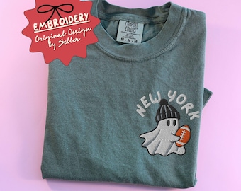 Embroidered Ghost Football Shirt, Comfort Colors Football Game Day Mom T Shirt, Game Day Tee, Halloween Football