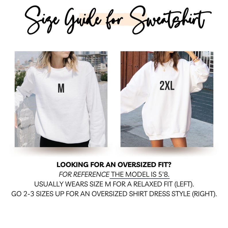 K&ouml;nnte beinhalten: Gr&ouml;&szlig;en&uuml;bersicht f&uuml;r Sweatshirts. Gezeigt werden zwei wei&szlig;e Sweatshirts, eines mit der Gr&ouml;&szlig;e "M" und das andere mit "2XL". Der Text gibt Hinweise zur Gr&ouml;&szlig;enwahl f&uuml;r eine &uuml;bergro&szlig;e Passform. Das Model ist 1,73 m gro&szlig; und tr&auml;gt normalerweise Gr&ouml;&szlig;e M.