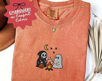 Embroidered Cute Ghosts Camping, Comfort Colors Camping Shirt, Spooky Season Outdoors Gifts, Halloween Shirt - F-56-Center