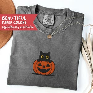 K&ouml;nnte beinhalten: Ein graues Comfort Colors T-Shirt mit einer schwarzen Katze, die &uuml;ber einen orangefarbenen K&uuml;rbis schaut. Das Shirt hat einen Rundhalsausschnitt und kurze &Auml;rmel. Eine silberne Halskette mit Anh&auml;nger ist auf dem Shirt drapiert. Der Text "BEAUTIFUL FADED COLORS" und "Effortlessly aesthetic" befindet sich auf einem roten Banner.