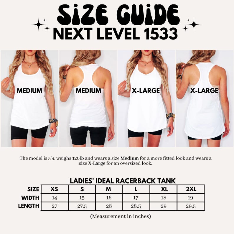 May include: Size guide for a racerback tank top. The image shows a size chart with measurements in inches, and models wearing the tank in Medium and X-Large sizes. The text reads "SIZE GUIDE NEXT LEVEL 1533".