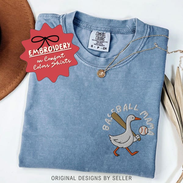 Embroidered Baseball Mama Shirt, Comfort Colors Baseball Game Day Mom T Shirt, Goose Baseball Mom Tshirt, Gift for Baseball Mom - F-119-Cust