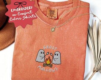 Embroidered Cute Ghosts Camping, Comfort Colors Camping Shirt, Spooky Season Outdoors Gifts, Halloween Shirt