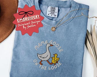 Embroidered Mama Goose Comfort Colors Shirt, New Mom of Twins Gift - F-14-Center