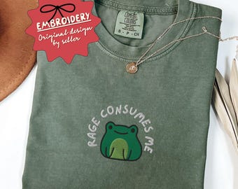 Embroidered Frog Shirt, Rage Consumes Me Embroidered T Shirt, Nature Lover Tee, Trendy Frog Shirt - F-16-Center