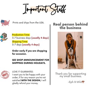 May include: Image with text: "Important Stuff" and "Prints and ships from the USA." Includes production and shipping time details. A woman and a dog are also pictured. Text: "Thank you for supporting my small business."