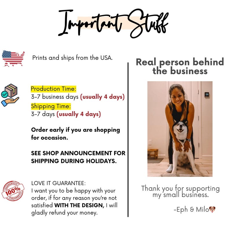 May include: Image with text: "Important Stuff" and "Prints and ships from the USA." Includes production and shipping time details. A woman and a dog are also pictured. Text: "Thank you for supporting my small business."