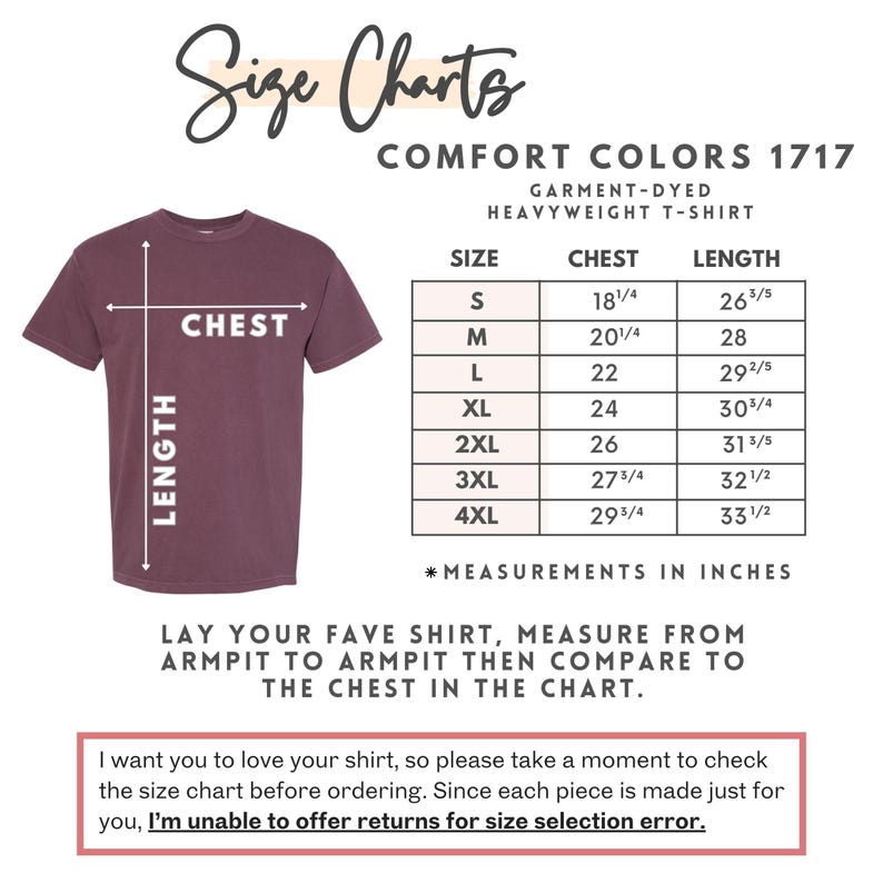 K&ouml;nnte beinhalten: Ein weinrotes Comfort Colors Heavyweight T-Shirt mit Gr&ouml;&szlig;entabelle. Die Tabelle enth&auml;lt Brust- und L&auml;ngenma&szlig;e in Zoll f&uuml;r die Gr&ouml;&szlig;en S bis 4XL. Anweisungen raten, ein Lieblings-T-Shirt zu messen, um es zu vergleichen.