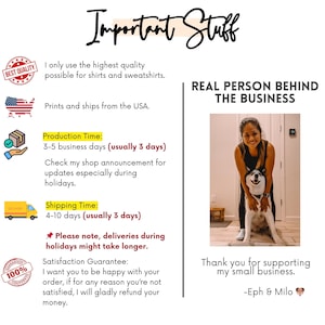 May include: A woman and her dog are pictured in front of a white wall. The text "Real Person Behind The Business" is above the image. The text "Thank you for supporting my small business. -Eph & Milo" is below the image.