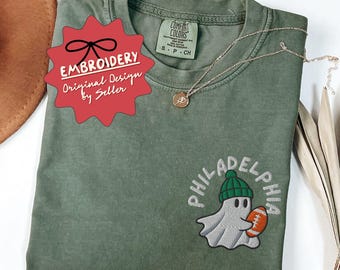 Embroidered Ghost Philadelphia Football Shirt, Comfort Colors Football Game Day Mom T Shirt, Halloween Football, Philadelphia Football