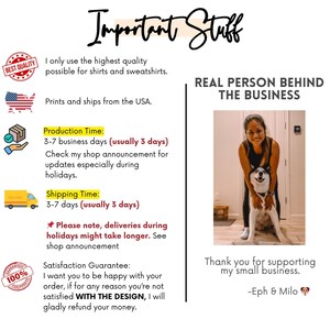 May include: Image with text: "Important Stuff" and "Real Person Behind the Business." Includes information about product quality, shipping from the USA, production and shipping times, and a satisfaction guarantee.
