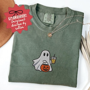 Embroidered Ghost Coffee Lover Shirt, Halloween Comfort Colors Shirt, Halloween Coffee Shirt, Coffee Lover Gift