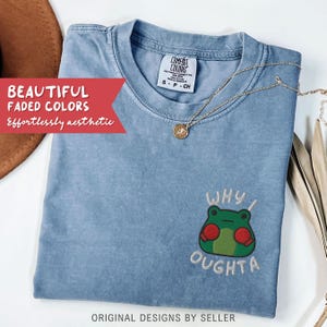 May include: A blue Comfort Colors t-shirt with a frog graphic that says "WHY I OUGHTA". The shirt has a faded look and a gold necklace. The text "BEAUTIFUL FADED COLORS Effortlessly aesthetic" is on the left.