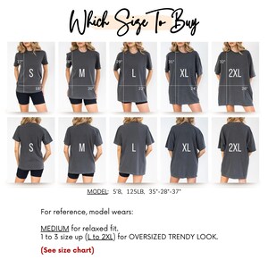 May include: Image showing a size chart for t-shirts. The chart displays various sizes from S to 2XL, with measurements in inches. The text "Which Size To Buy" is at the top. The model is 5'8, 125LB, with measurements of 35"-28"-37".