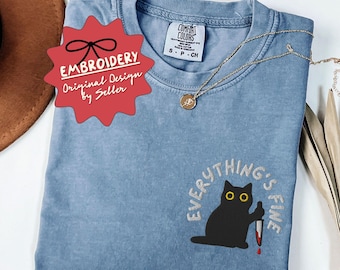 Embroidered Funny Cat Shirt, Comfort Colors Funny Black Cat Tshirt, Gift for Her, Cat Mom Shirt, Mental Health Shirt