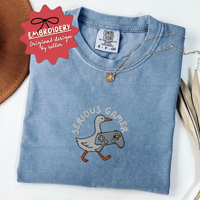 May include: A light blue t-shirt with the words "SERIOUS GAMER" embroidered around a cartoon goose holding a video game controller. The shirt has a small tag that says "COMFORT COLORS". A gold necklace is draped across the shirt.