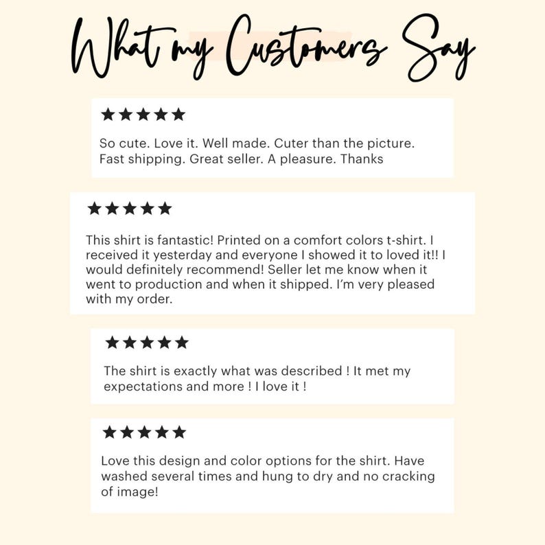 May include: Image with the text "What my Customers Say" in a cursive font. Below are four customer reviews with five-star ratings, praising the product's quality, design, and the seller's service.