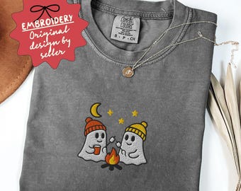 Embroidered Cute Ghosts Camping, Comfort Colors Camping Shirt, Spooky Season Outdoors Gifts, Halloween Shirt