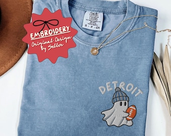 Embroidered Ghost Detroit Football Shirt, Comfort Colors Football Game Day Mom T Shirt, Halloween Football, Detroit Football - F-66-Custom