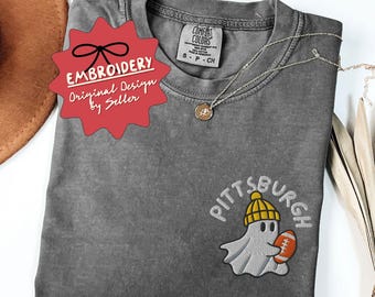 Embroidered Ghost Pittsburgh Football Shirt, Comfort Colors Football Game Day Mom T Shirt, Halloween Football, Pittsburgh Football