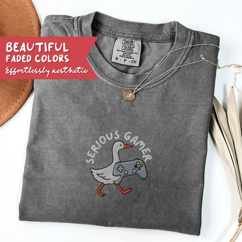May include: A gray Comfort Colors t-shirt with the embroidered phrase "SERIOUS GAMER" around a cartoon goose holding a video game controller. The shirt also has the text "BEAUTIFUL FADED COLORS" and "Effortlessly aesthetic". A silver necklace with a pendant is on the shirt.