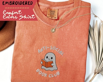 Embroidered Anti-Social Book Club Shirt, Comfort Colors Reader Tshirt, Gift for Book Lover, Funny Ghost Book Lover Shirt