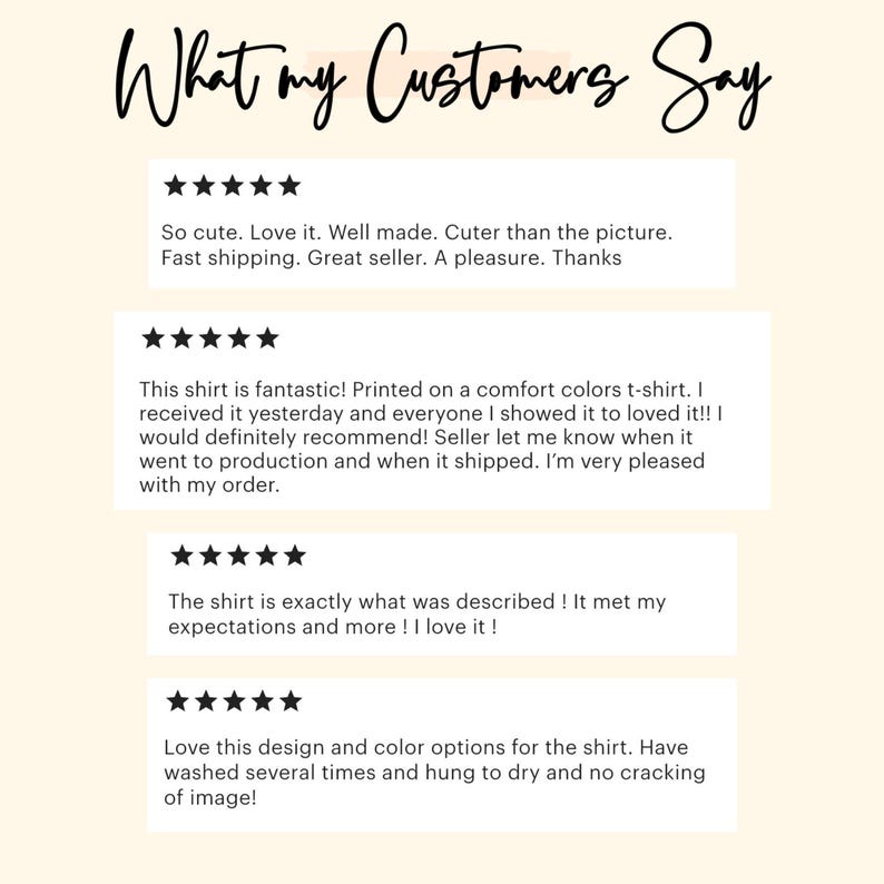 May include: Image featuring customer reviews with a five-star rating system. The text reads "What my Customers Say" in elegant script. Reviews praise the product's quality, fast shipping, and accurate descriptions.