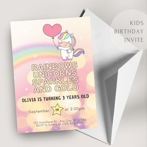 Einhorn Regenbogen Party einladen | Einhorn 3 Jahre altes Mädchen Geburtstag einladen | Einhorn und Regenbogen 3. Geburtstagseinladung | Einhorn Party