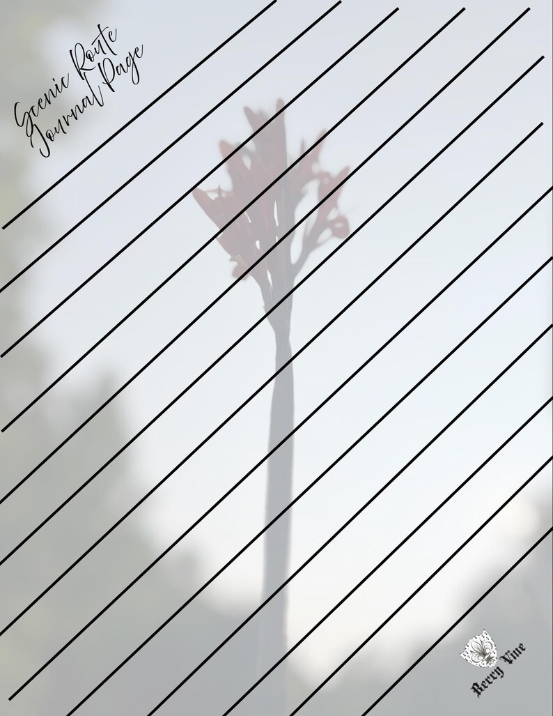 May include: A journal page with diagonal black lines for writing. The background is a soft, blurred image of a flower. The text "Scenic Route Journal Page" is in cursive at the top left. The logo "Reedy Vine" is at the bottom right.